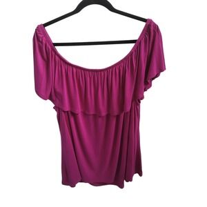 Lane Bryant PLUS size Relaxed Off-The-Shoulder Ruffle Tunic FUSCHIA